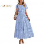 Naiste suvine maksikleit vabaaja V-kaelusega l&uuml;hikeste varrukatega mitmetasandiline lendlev kleit, v&ouml;&ouml;kohaga plisseeritud pikk kleit XXL must