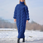 Kootud k&otilde;rge kaelusega, moekas temperamentne &uuml;hev&auml;rviline kampsun, pullover, kampsun, soe paks mantel, pehme pikk kleit S
