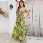 Suvine Bohemian Plant tr&uuml;kitud varrukateta pikk kleit naistele Seksikas V-kaelusega libisemiskleit Elegantne rannakleit Vestido De Mujer 24928 S roheline