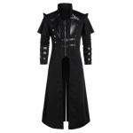 Vintage Halloweeni keskaegne Steampunk Assassin Elves Piraadikost&uuml;&uuml;m T&auml;iskasvanute Meeste Must Pikk Jakk Gooti soomustega nahkmantlid S must