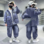 Poiste 2026 kevad/s&uuml;gis teksariidest kapuutsiga kaheosaline &uuml;likond - Korea stiilis vabaaja riietus lastele 170 cm gray