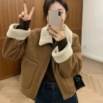 Fliisist lapitehnika Vintage l&uuml;hike soe jope naiste s&uuml;gistalv uus pruun mood villane rev&auml;&auml;rmantel Korea &scaron;ikk disainer vabaajariided S