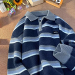 Meeste Jaapani Retro Triibuline Polo Kampsun - S&uuml;gis/Talvine Vabaaja Kootud Top Ameerikalikus V&auml;rviplokis XL sinine