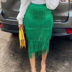 Naiste Rohelised Fringe Bodycon pliiatsseelikud Tutt K&otilde;rge v&ouml;&ouml;kohaga veniv Midi pikkus Femme Jupes Plus Size S roheline