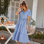 Kevadsuvine sidemetr&uuml;kk naiste vabaaja l&uuml;hikeste varrukatega k&otilde;rgete varrukatega lilleline p&uuml;hade stiilis naiste pikk kleit S sinine