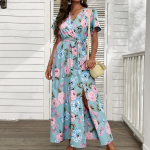 YYFS naiste mood Bohemia suvised kevadised lillemustriga l&uuml;hikeste varrukatega V-kaelusega vabaajakleidid S roheline