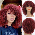 MISS WIG Afronaiste l&uuml;hike lokkis parukas, must pruun punase veini s&uuml;nteetiline kuumuskindel kiust lokkis parukas Aafrika naistele 14inches