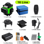 4D 16 liini laseri nivelleerimine, roheline laserjoon, isetasanduv, horisontaalsed jooned ja 360 kraadine vertikaalne rist koos 2 akuga v&auml;listingimustes kasutamiseks 2*Batteries