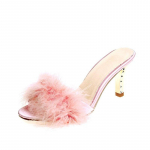 Naised karusnahast sussid Naise sulgedest k&otilde;rged kontsad armsad naiste sandaalid Peep Toe Muulad Slaidid Naiste kingad karvane mood 38 roosa