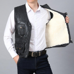 Ehtsast nahast vest koos pehme meeste lehmanahast vestiga, meeste lambal&otilde;igatud sametist veisenahast vest L