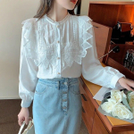 Moodne elegantne splaissitud pitss&auml;rk Naiste Korea &scaron;ikk pikkade varrukatega valge pluus vabaaja topid Vintage magusad &otilde;hukesed lahtised s&auml;rgid 29511 S valge