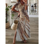 Moodne V kaelusega l&otilde;hestatud avar rannakleit Retromustriga prindiga naiste pikk kleit Suvine elegantne l&uuml;hikeste varrukatega maksikleit XXXL