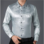 Meeste kleit-s&auml;rk Kunstsiidist satiinist s&auml;rgid Hiina draakon &Auml;riformaalne pikkade varrukatega pluus vabaaja topid L tumesinine v&auml;rv