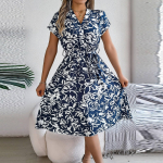 Elegantne Naiste Lillemustriga Retro Kleit Kevad Suvi V-kaelusega L&uuml;hikeste Varrukatega Vabaaja Kleit V&ouml;&ouml;ga V&ouml;&ouml;kohal Boheemlaslik Rannakleit Vestidos XL tumesinine v&auml;rv