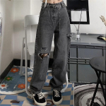 Vintage t&auml;navamood tumesinine teksad naiste Y2K k&otilde;rge v&ouml;&ouml;kohaga rebenenud denim p&uuml;ksid naistele 2024 uus disain laiad lahtised p&uuml;ksid S must