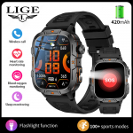 Nutikas k&auml;ekell LIGE Uus 1,96-tollise HD-ekraaniga roostevabast terasest meeste nutikell LED-taskulampiga 420mAh suure akuga Bluetoothi ​​k&otilde;ne nutikell silicone strap must