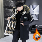 Meeste talvine kirjatr&uuml;kk, soe Parka polsterdatud paksendatud pikk v&auml;limine tuulekindel polsterdatud jope karusnaha krae kapuutsiga jope XL