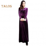 Naiste &otilde;htukleit Kuldne samet V kaelusega Plisseeritud A-line puhast v&auml;rvi pikkade varrukatega t&auml;ispikk kleit k&otilde;rge v&ouml;&ouml;kohaga balli piduliku peokleit S kuninglik sinine v&auml;rv