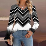 Women's Daily Casual Long-sleeved Striped Printed v-neck Top XXXL ts&uuml;aan