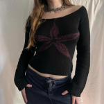 Y2K &uuml;mara kaelusega pikkade varrukatega taimne žakaarmadrats Harajuku retro kootud kampsun t&auml;navariided S must