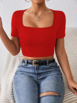Ruudukaelusega T-s&auml;rk Basic l&uuml;hikeste varrukatega Crop Top naiste ribiga T-s&auml;rk Casual Tank Top Slim Naiste Crop Top mood T-s&auml;rk Y2k Streetwear XS punane