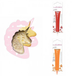 Kit pour biscuit en relief Licorne + 2 Stylos au chocolat rouge et orange