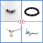 Pierres et Min&eacute;raux. Parure Bracelet Collier 4 Perles Am&eacute;thyste + Onyx noir mat 8 mm. Taille personnalisable.