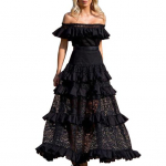 Daami bandeau kleit, &otilde;&otilde;nes &otilde;laga kaetud lapitehnikas, lillelise tikandiga maksikleit, volangidega pits, ballikleit, pulmakleit M must