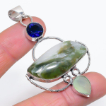 Natural Nephrite, Blue Topaz 925 Sterling Silver Jewelry Pendant 2.76 y5i17