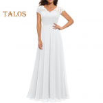 Naiste pitsist V-kaelusega &otilde;htukleit, pikk A-joonega &scaron;ifoonist pruutneitsi kleit Pruudiema pulmak&uuml;lalise Maxi kleit peokleit M valge