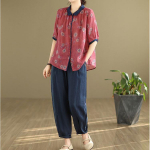 Naiste &uuml;likond, 2 tk, komplekt, puuvillane T-s&auml;rk ja p&uuml;ksid, puuvillased &uuml;lisuured vaba vabaaja &uuml;likond, kaheosalised p&uuml;ksid M punane