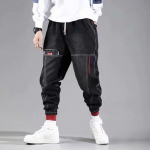 Moodne pahkluu-ribadega teksad meestele Must Hall Cargo P&uuml;ksid meestele Elastsed L&otilde;dvad Harem P&uuml;ksid Streetwear Hip Hop Teksad S must