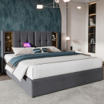 Lit double avec recharge sans fil USB C, sommier &agrave; lattes avec matelas moelleux de 140x200 cm (matelas non inclus).