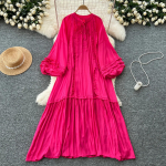 Vintage O-kaelusega n&ouml;&ouml;rseotav &uuml;he n&ouml;&ouml;biga moekas laternavarrukatega elegantne vaba volangidega kleit korea k&otilde;rgmoe naisteriided One Size roosa punane v&auml;rv