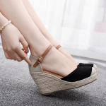 Uued naiste kinnise varba platvormsandalid-espadrillid, mugavad ristpaelaga slip-on kontsad, vabaaja v&auml;litingimustes kangast kingad 34 must