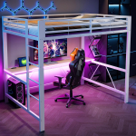 140x200 M&auml;ngude metallist k&otilde;rgvoodi raam LED-valgustuse, USB-laadimisjaama ja t&ouml;&ouml;lauaga, Valge 204 x 145 x 180 cm valge