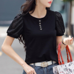 Suvine Patchwork Pits, Lilledega Puff Varrukatega Puuvillane T-s&auml;rk n&ouml;&ouml;bid O-kaelusega Naiste Elegantsed Naiste &Otilde;hukesed Moetopid S must