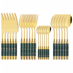 24 tk kullast s&ouml;&ouml;gin&otilde;ud keraamika imitatsiooniga k&auml;epidemega 304 roostevabast terasest lauan&otilde;ud noad kahvlid lusikakomplekt koos h&otilde;ben&otilde;ude hoidikuga Green Gold-24Pcs