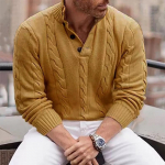 Meeste kampsun Solid Fashion &uuml;mara kaelusega pikkade varrukatega kootud topp M khaki