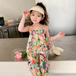 Lasteriided Lillelised varrukateta suspendrid lahtised topid + k&auml;rbitud p&uuml;ksid Laste hingav spordivarustus Casaul kaheosaline komplekt 10T