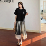 MODIQUE Summer Plus Size Naiste lahtised mitmek&uuml;lgsed A-joonelised triibulised lapilised plisseeritud puuvillased T-s&auml;rgid, pikad kleidid Naiste vabaaja l&uuml;hikeste varrukatega o-kaelusega kleidid XL must