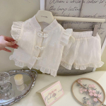 1 komplekt Hiina stiilis t&uuml;druku &uuml;likond, suvine v&auml;rskendav beebi, p&uuml;stkrae, taldrikulukk, tikandid, varrukateta, top l&uuml;hikesed p&uuml;ksid, kaheosaline komplekt 90 beež