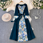 S&uuml;gisvintage naiste tr&uuml;kitud lapiga pikk kleit Elegantne O-kaelusega k&otilde;rge v&ouml;&ouml;koht A-joon vabaaja maxikleidid Naiste p&uuml;hadekleidid One Size sinine