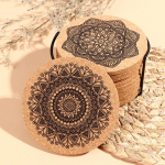 12 tk Mandala disainiga &uuml;mmarguse kujuga puidust alusalused koos raamiga &uuml;mmarguse korgist alusalusega 10x0.5cm