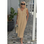 Suvine selg Side Up Bandage Flare Varrukateta puuvillane linane kleit naistele Elegantne mood valge must soliidne pikad riided 3XL tumekollane v&auml;rv