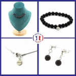 Pierres et Min&eacute;raux. Parure Bracelet Collier Boucles D'oreilles Puces 10 perles Lave 8 mm. Taille personnalisable.