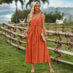 Naiste kevadine &uuml;hev&auml;rviline U-kaelus, varrukateta, &otilde;lapaelteta kleit, suvine vabaaja A-joon k&otilde;rge v&ouml;&ouml;kohaga lips Pikad kleidid S-XL S telliskivipunane v&auml;rv