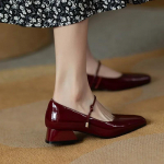 Mary Jane kingad veinipunased ruudukujulise ninaga nahast kingad naistele retro lakknahast kingad Chaussure Femme v&auml;ikese kontsaga pumbad 34 burgundiapunane