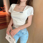 Retro prantsuse kandiline krae l&uuml;hike k&otilde;rge v&ouml;&ouml;koht naba paljastatud l&uuml;hikeste varrukatega T-s&auml;rk naiste &otilde;huke suve aluss&auml;rk, topp S must