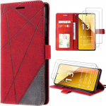 Coque pour xiaomi redmi note 13 5g (pas pour 4g) et 2 verres tremp&eacute;s, effet cuir antichoc int&eacute;gral rouge